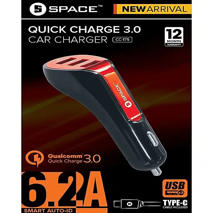 Space Car Qualcomm Quick Charger Cc-175 6.2Amp With 3 Usb Smart Ports 2 space-quick-charge-3.0-car Charger cc-175