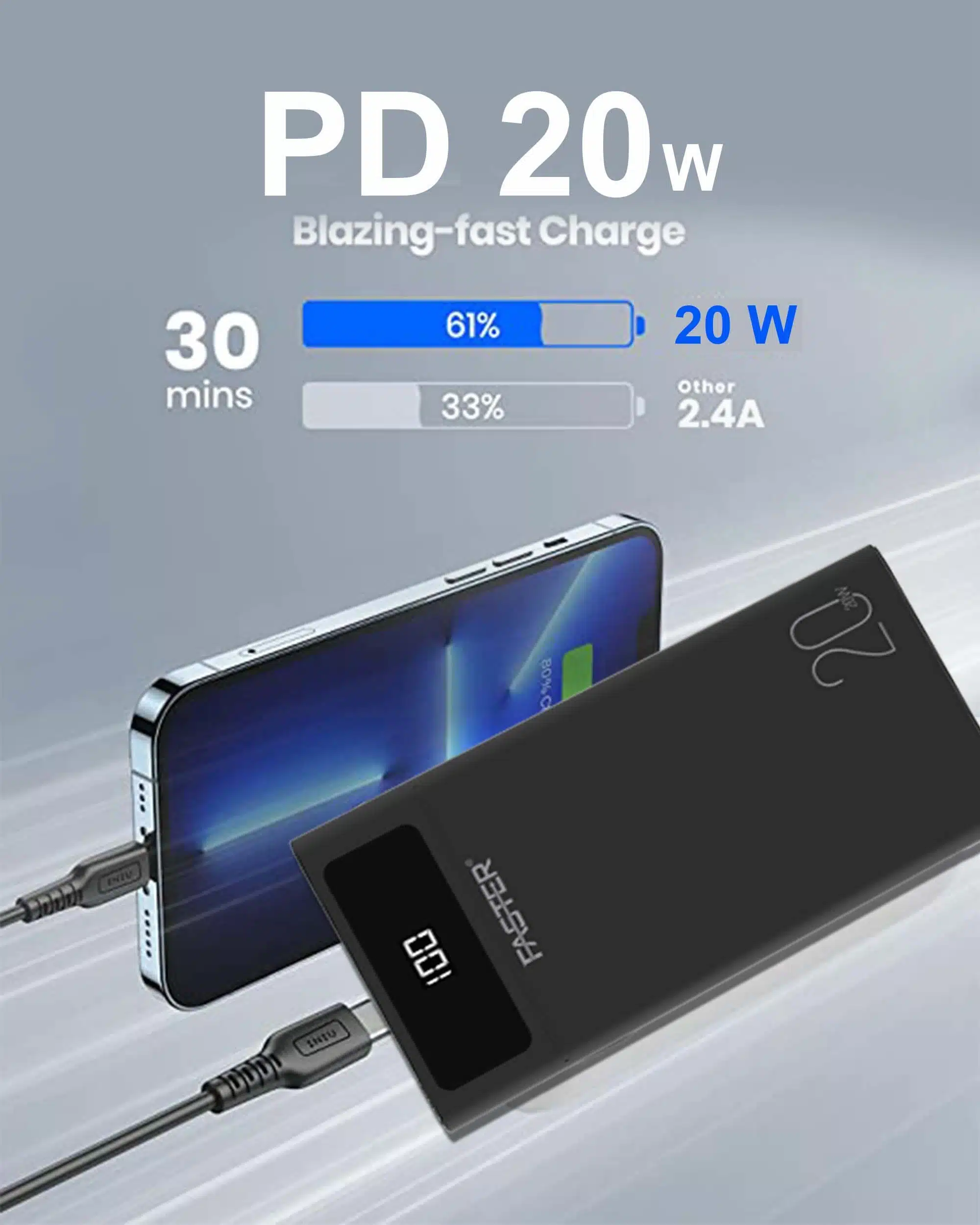 Faster S20 Pd-20W Qualcomm Quick Charge 3.0 Power Bank 20000 Mah With Digital Display 2 FASTER- S20- PD-20W -Qualcomm- Quick -Charge- 3.0- Power- Bank -20000- mAh- with- Digital- Display