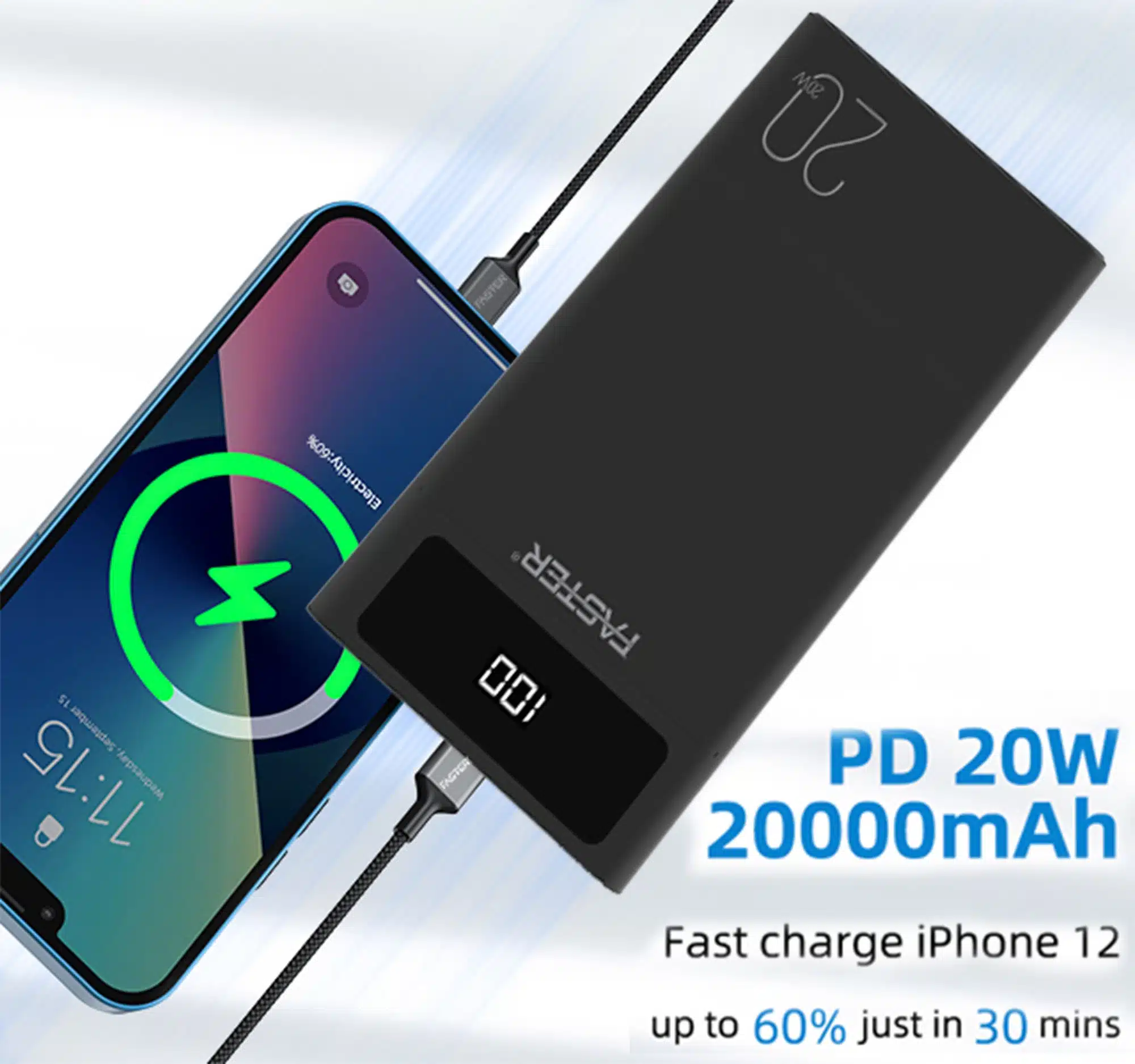 Faster S20 Pd-20W Qualcomm Quick Charge 3.0 Power Bank 20000 Mah With Digital Display 3 FASTER- S20- PD-20W -Qualcomm- Quick -Charge- 3.0- Power- Bank -20000- mAh- with- Digital- Display