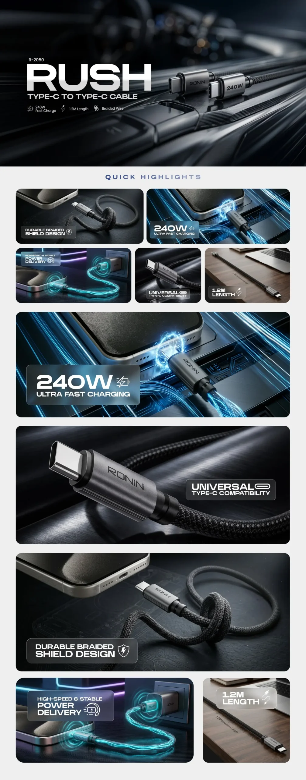 Ronin R-2050 Rush Type-C To Type-C Cable 240W 2 R-2050_Cables_Destop_c_2_c_1