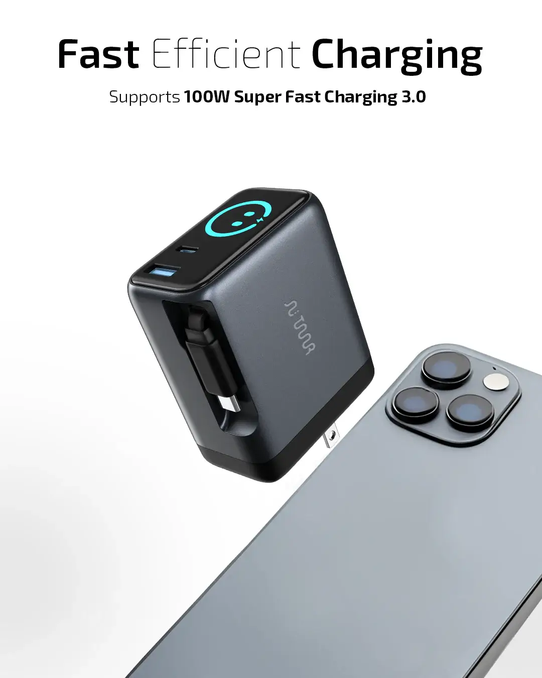 Taar Omi 100W Gan Charger With Retractable Usb-C Cable 3 Front view of OMI 100W GaN Fast Charger with interactive display