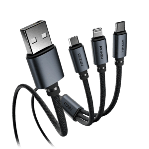 Ronin SMASH R-2015 3-in-1 charging cable with USB-A input and Micro-USB, Lightning and USB-C connectors