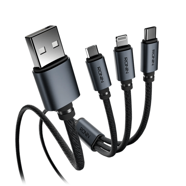 Ronin SMASH R-2015 3-in-1 charging cable with USB-A input and Micro-USB, Lightning and USB-C connectors