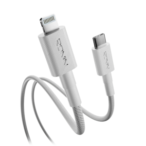 Ronin Lynix R-2045 Type-C to iPhone braided charging cable, coiled on a white background