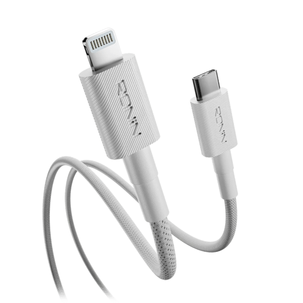 Ronin Lynix R-2045 Type-C to iPhone braided charging cable, coiled on a white background