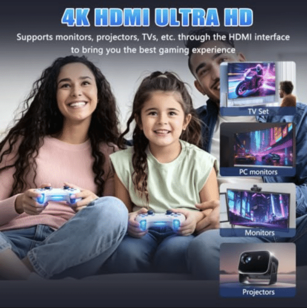 Family and friends playing retro games together with X6 game stick console