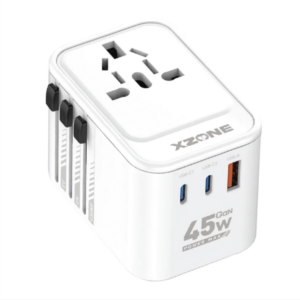 xZone X-TA20 Travel Adapter – 45W GaN with UK EU US plug pins and USB-C USB-A charging ports