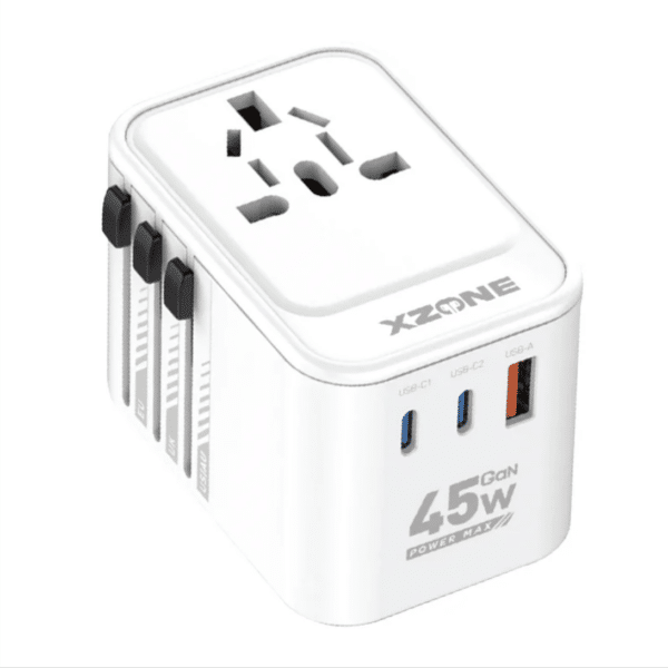 xZone X-TA20 Travel Adapter – 45W GaN with UK EU US plug pins and USB-C USB-A charging ports