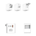 xZone X-TA20 Travel Adapter shown with UK, EU, and US/AU plug configurations and charging ports