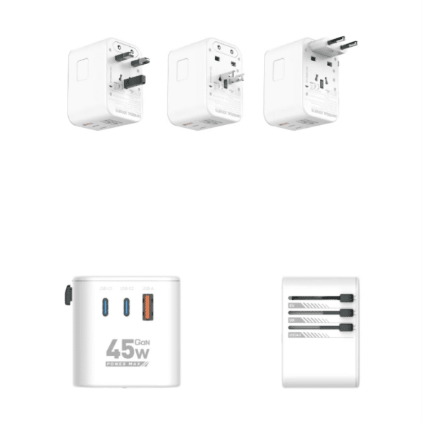 xZone X-TA20 Travel Adapter shown with UK, EU, and US/AU plug configurations and charging ports