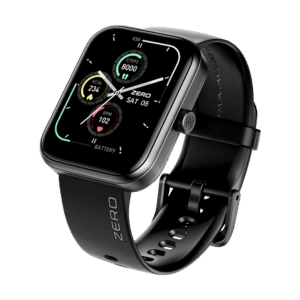 Zero Edge Smartwatch in Jet Black with dashboard watch face showing steps, calories and heart rate
