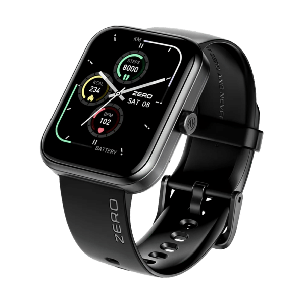 Zero Edge Smartwatch in Jet Black with dashboard watch face showing steps, calories and heart rate