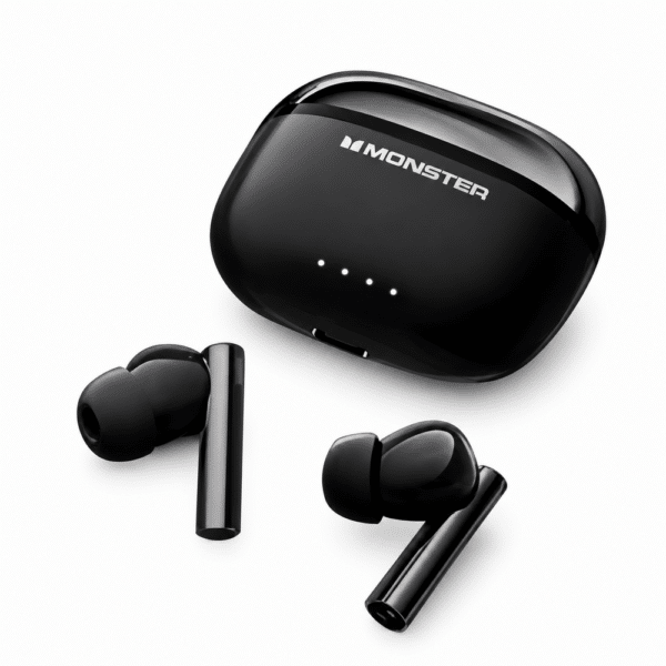 Monster Aura Fit GT36 earbuds and case on white background