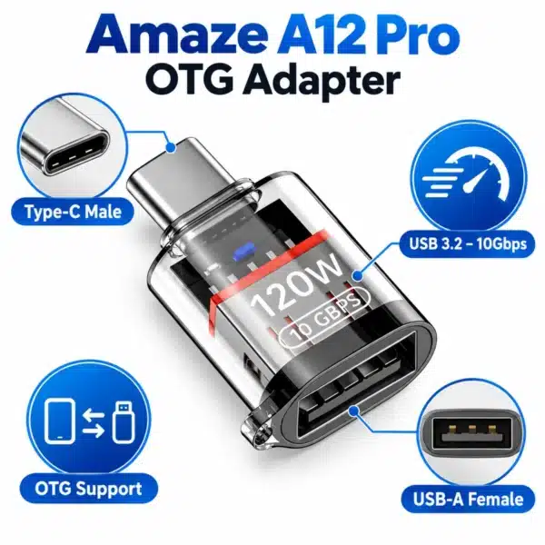 Amaze A12 Pro OTG adapter features Amaze A12 Pro OTG adapter features: Type-C male, USB-A female, USB 3.2 10Gbps, OTG support