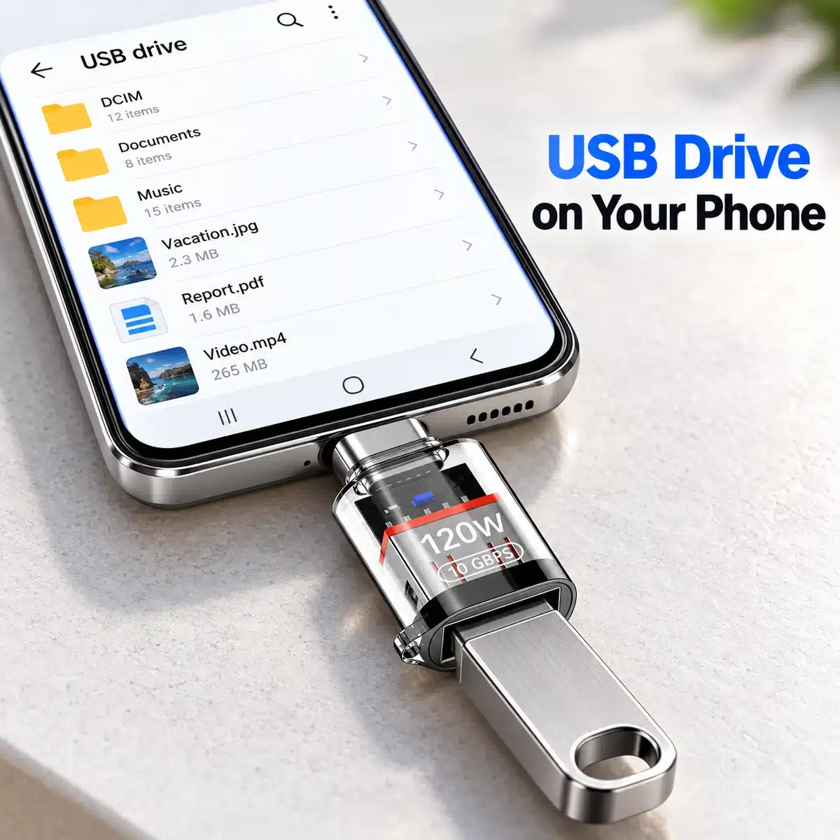 Amaze A12 Pro Type-C To Usb 3.2 Otg Adapter – 10Gbps 1 Amaze A12 Pro OTG adapter connecting a USB flash drive to a phone