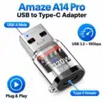 Amaze A14 Pro USB to Type-C adapter features Amaze A14 Pro USB to Type-C adapter features: USB-A male, Type-C female, USB 3.2 10Gbps
