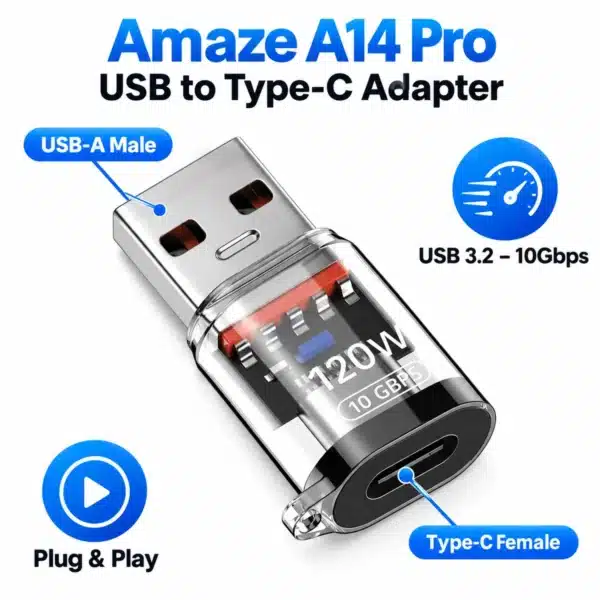 Amaze A14 Pro USB to Type-C adapter features Amaze A14 Pro USB to Type-C adapter features: USB-A male, Type-C female, USB 3.2 10Gbps