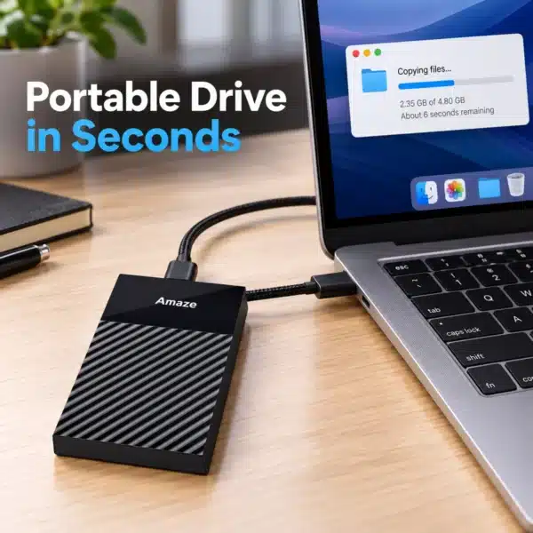 Amaze A210C Pro SSD case connected to a laptop as a portable drive Amaze A210C Pro SSD case connected to a laptop as a portable drive