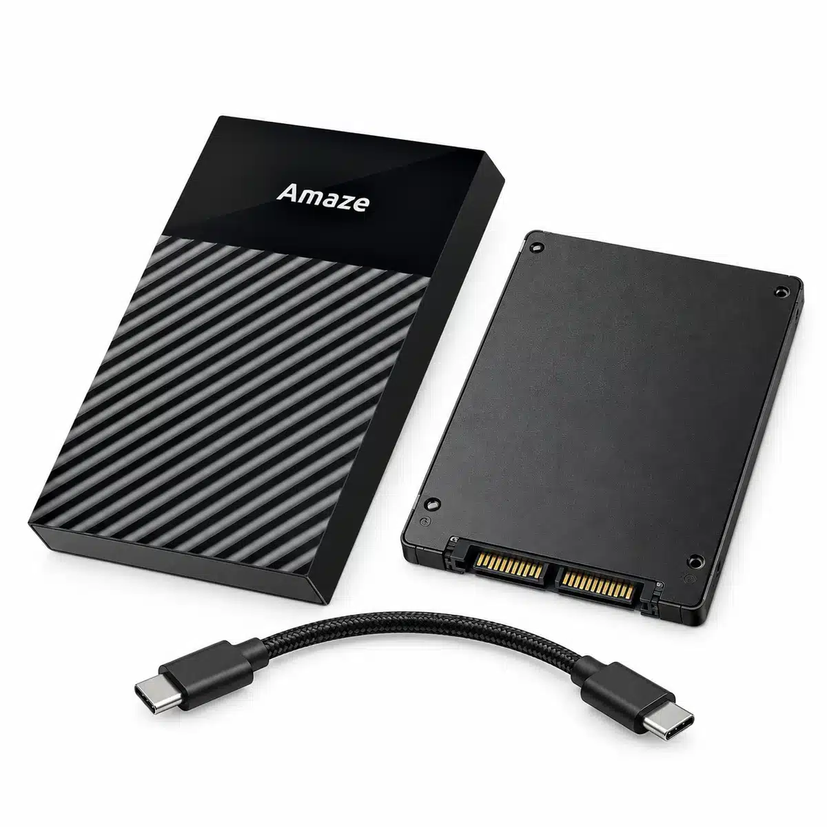 Amaze A210C Pro 2.5″ Ssd/Hdd Case – Type-C, 6Gbps, Up To 6Tb 2 Amaze A210C Pro SSD case with a 2.5 inch SSD and Type-C cable