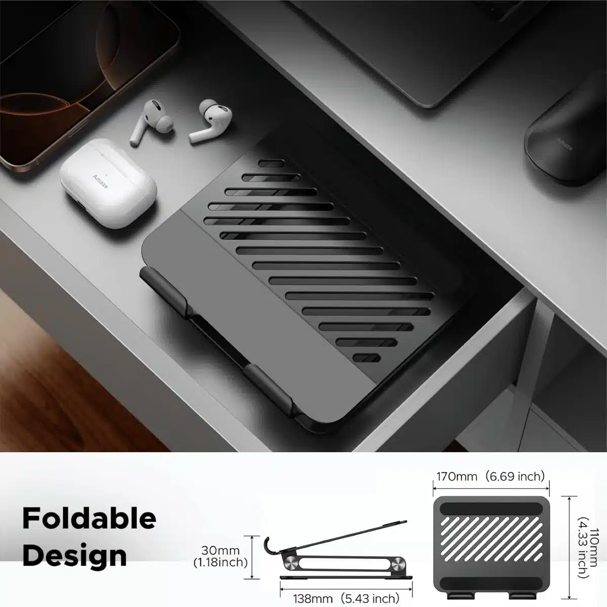 Amaze A530 Rotatable Aluminium Laptop Stand – 360° Base, Up To 17″ 2 Amaze A530 laptop stand foldable design with dimensions