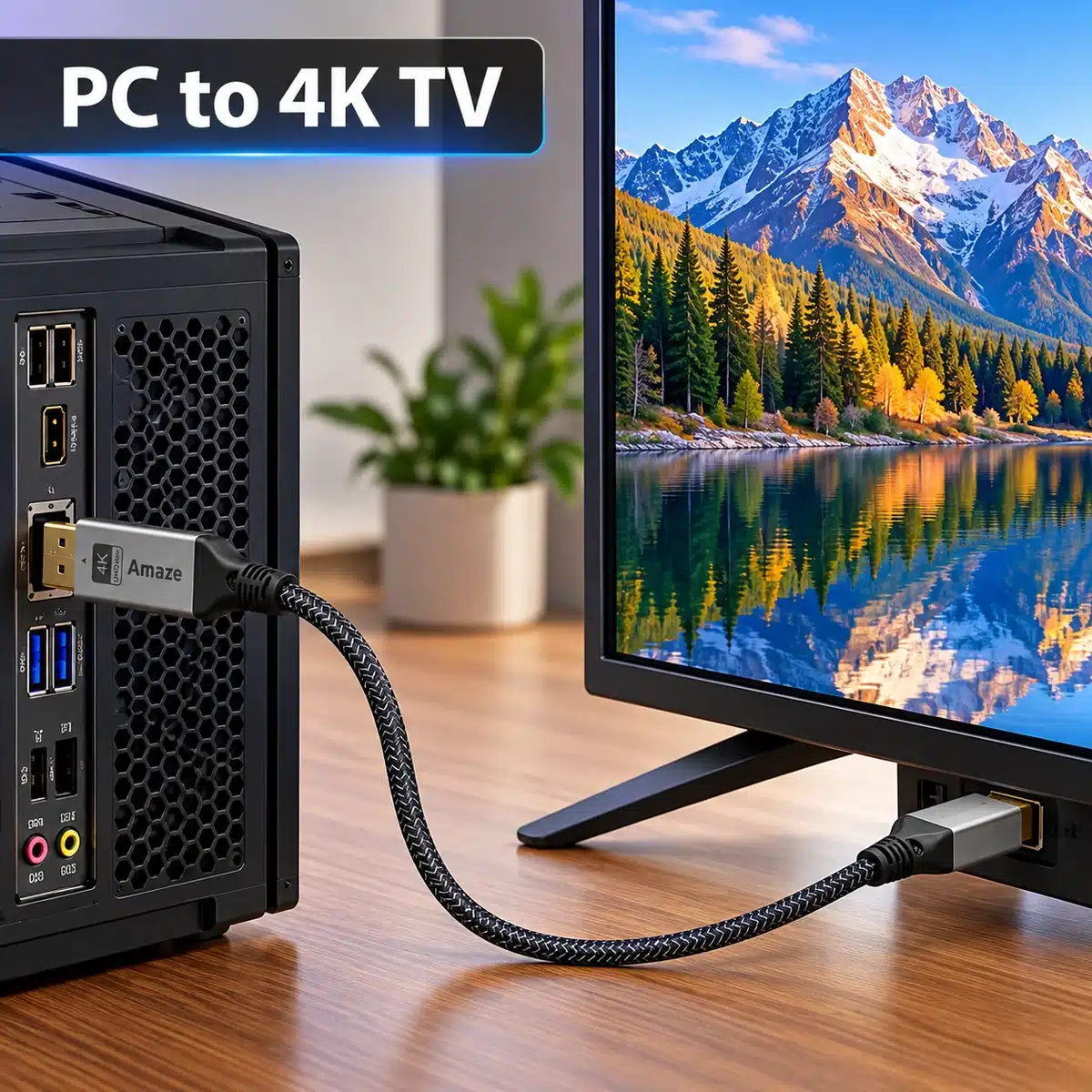 Amaze A815 Displayport To Hdmi Cable 2M – 4K 60Hz, Braided 1 Amaze A815 DP to HDMI cable connecting a PC to a 4K TV