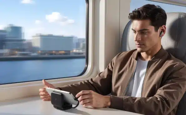 Anker Soundcore P41I Wireless Earbuds With Power Bank Case 7 Anker Soundcore P41i charging case holding a phone as a stand while travelling by train