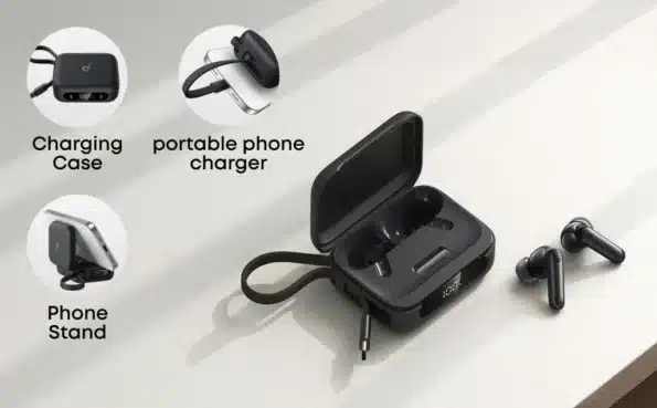 Anker Soundcore P41I Wireless Earbuds With Power Bank Case 5 Anker Soundcore P41i charging case used as a portable phone charger and phone stand