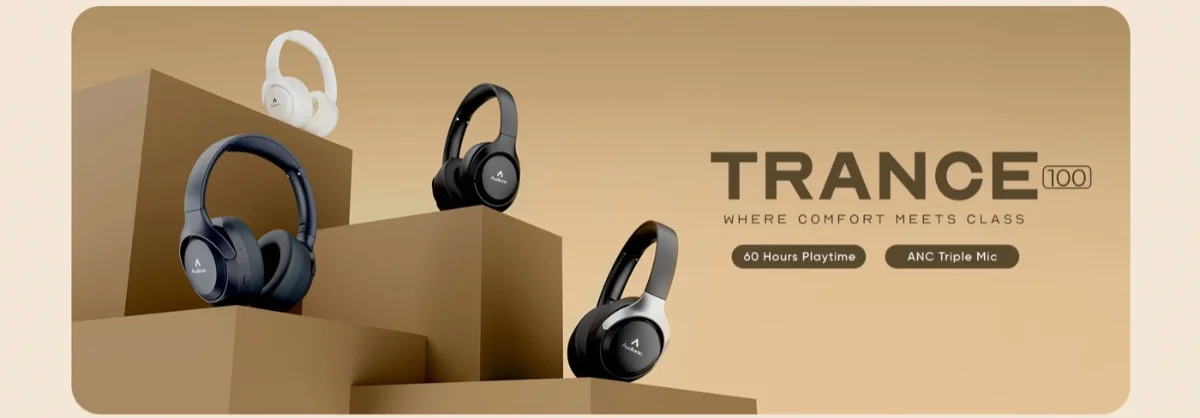 Audionic Trance 100 Anc Wireless Headphones 49 Audionic Trance 100 ANC wireless headphones in Beige, Carbon Black, Blue and Black Silver, with 60 hours playtime and ANC triple mic