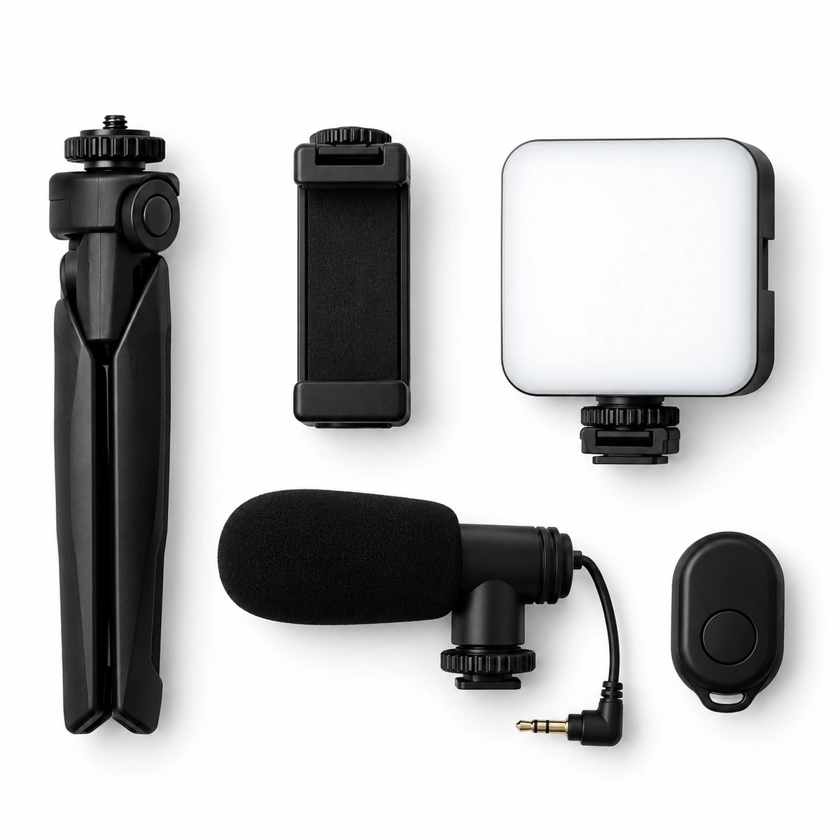 Ay-49 Vlogging Kit With Tripod, Led Light And Microphone 2 AY-49 vlogging kit box contents: tripod, phone holder, LED light, microphone and Bluetooth remote