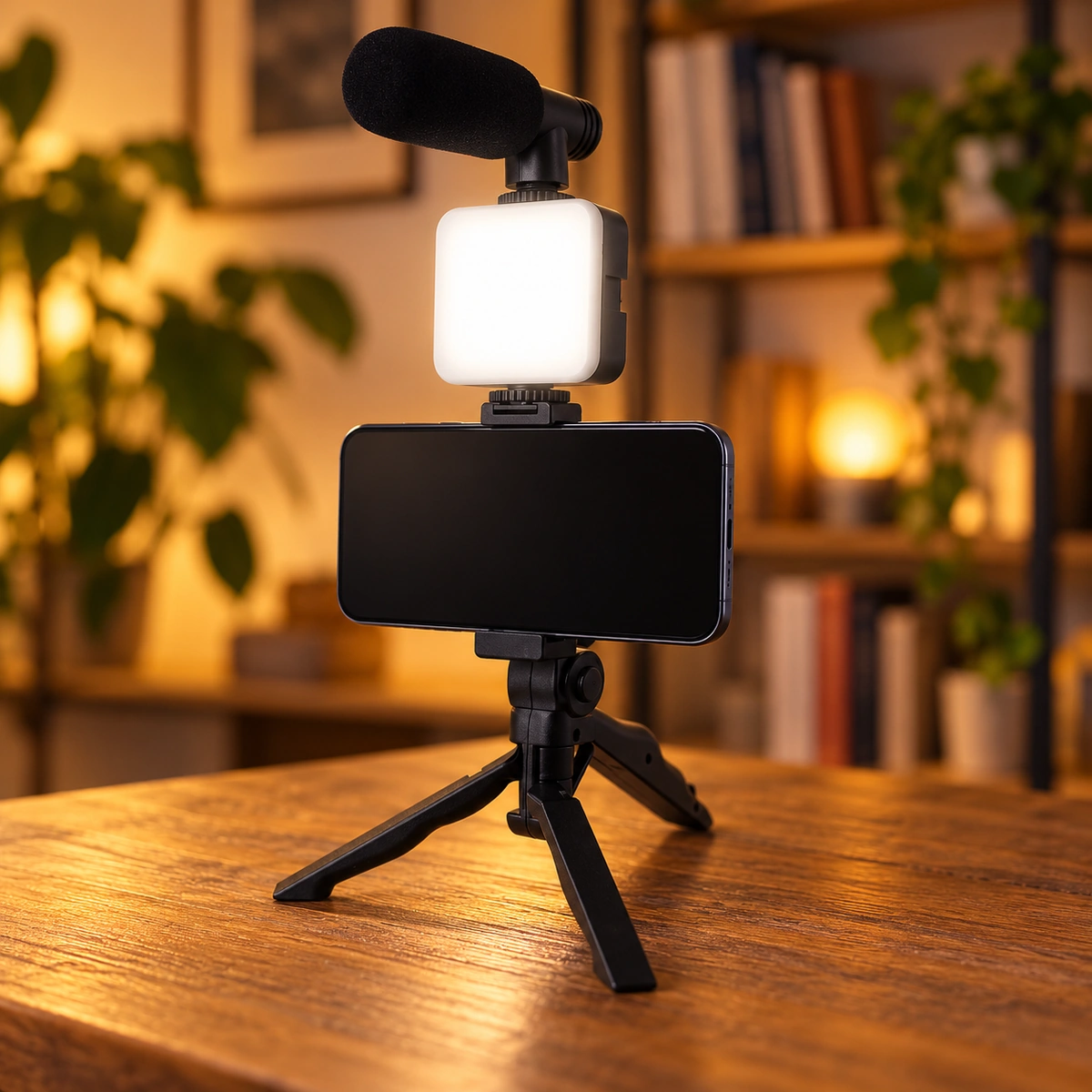 Ay-49 Vlogging Kit With Tripod, Led Light And Microphone 5 AY-49 video making kit on a desk with the LED light switched on