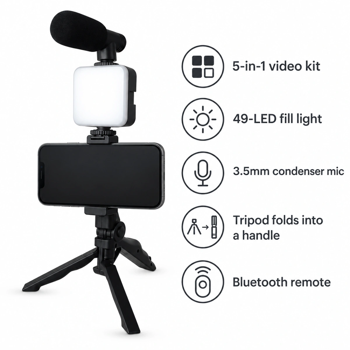 Ay-49 Vlogging Kit With Tripod, Led Light And Microphone 3 AY-49 vlogging kit features: 5-in-1 kit, 49-LED fill light, 3.5mm condenser mic, foldable tripod handle, Bluetooth remote