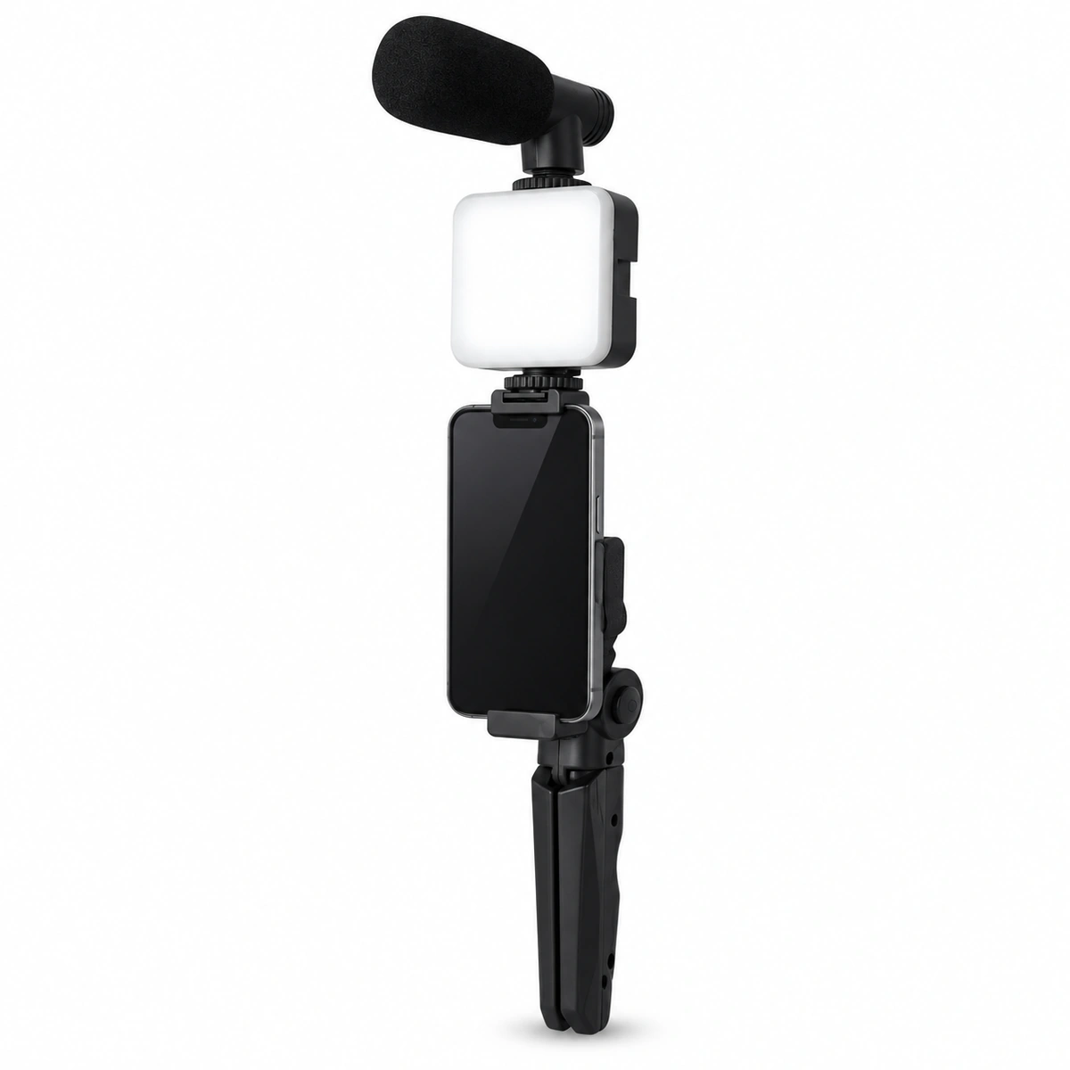 Ay-49 Vlogging Kit With Tripod, Led Light And Microphone 4 AY-49 vlogging kit in handheld mode with tripod legs folded into a grip