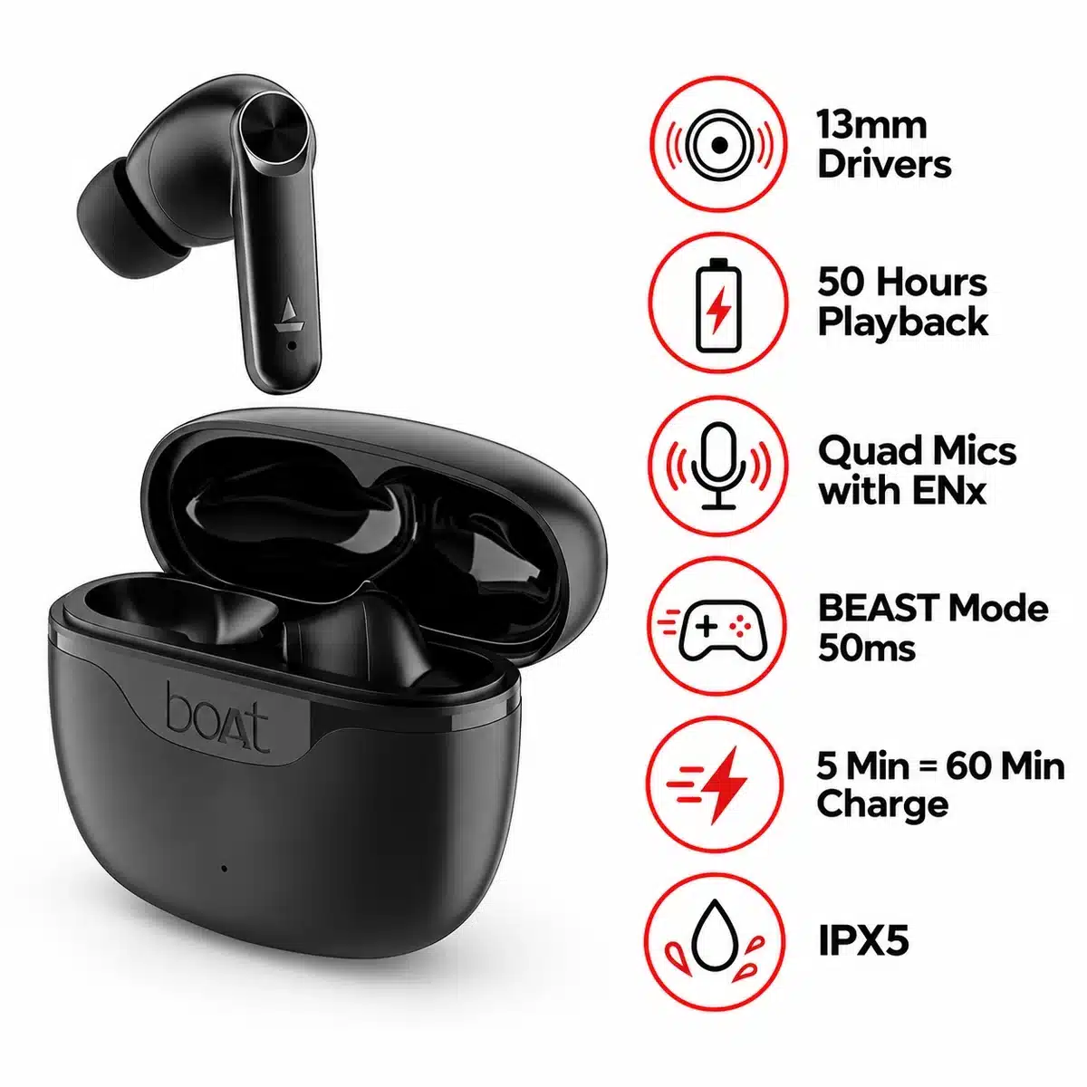 Boat Airdopes 207 Wireless Earbuds – 50H Playback, Quad Mics Enx, Beast Mode (Carbon Black) 3 boAt Airdopes 207 features: 13mm drivers, 50 hours playback, quad mics with ENx, BEAST Mode 50ms, 5 min = 60 min charge, IPX5