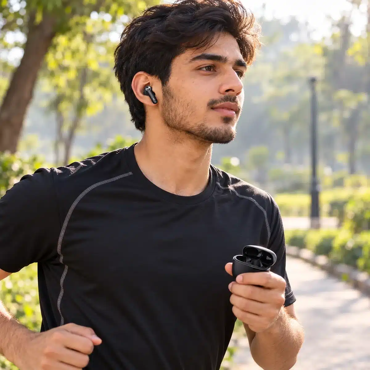 Boat Airdopes 207 Wireless Earbuds – 50H Playback, Quad Mics Enx, Beast Mode (Carbon Black) 5 Man running in a park wearing boAt Airdopes 207 earbuds