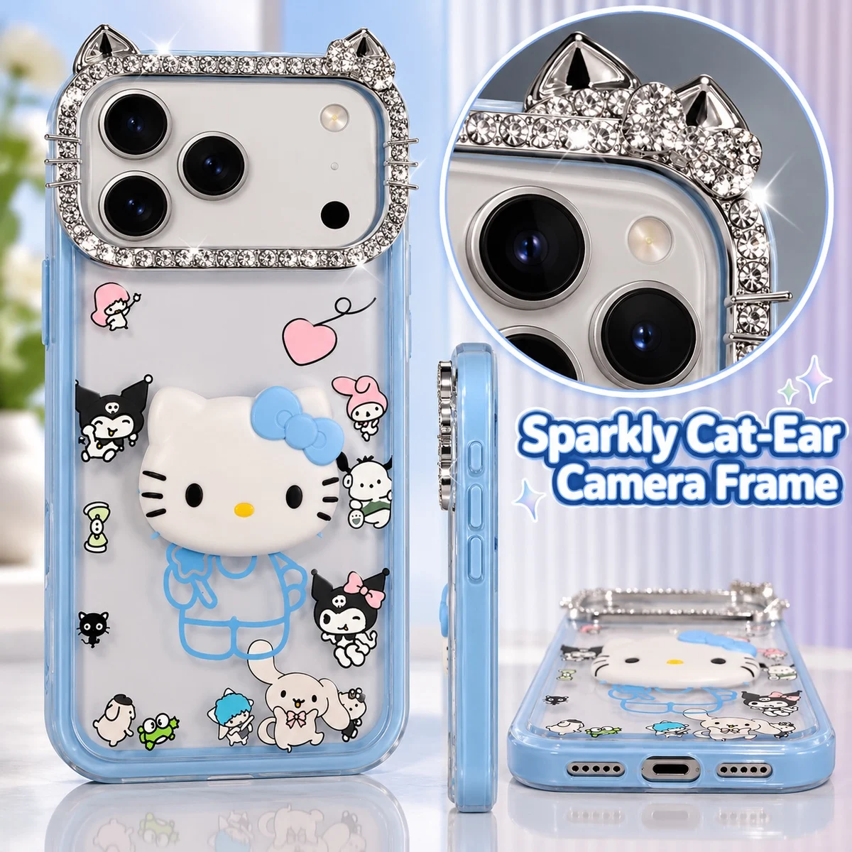 Cute Kitty Iphone 18 Pro Max Case For Girls – Rhinestone Cat-Ear Camera Frame (Also Fits 17 Pro Max) 24 Sparkly rhinestone cat-ear camera frame on the iPhone 18 Pro Max case