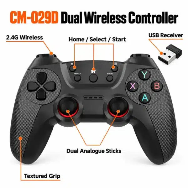 CM-029D Features CM-029D dual wireless controller features: 2.4G wireless, dual analogue sticks, textured grip, USB receiver