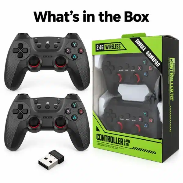 CM-029D In the Box CM-029D wireless controller in the box: 2 controllers, USB receiver and double gamepad box