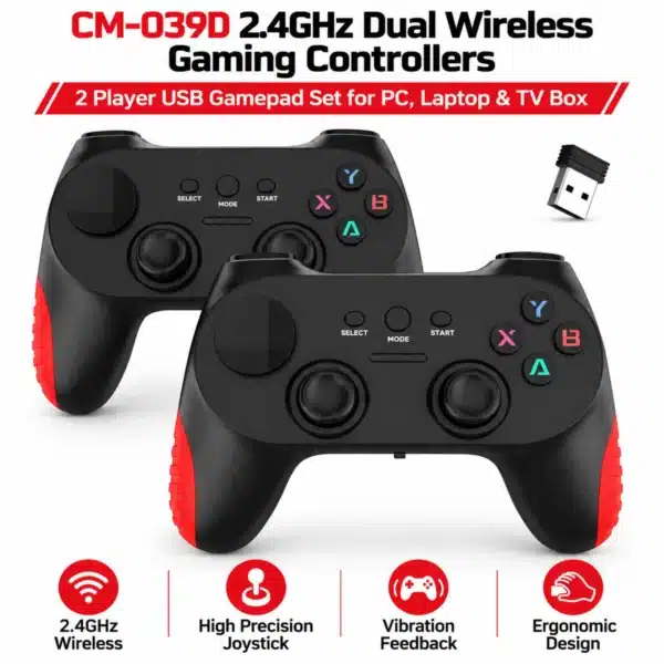 CM-039D Features CM-039D 2 player wireless controller features: 2.4GHz wireless, precision joystick, vibration feedback, ergonomic design