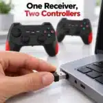 CM-039D Receiver CM-039D wireless controller USB receiver plugging into a laptop, one receiver for two controllers