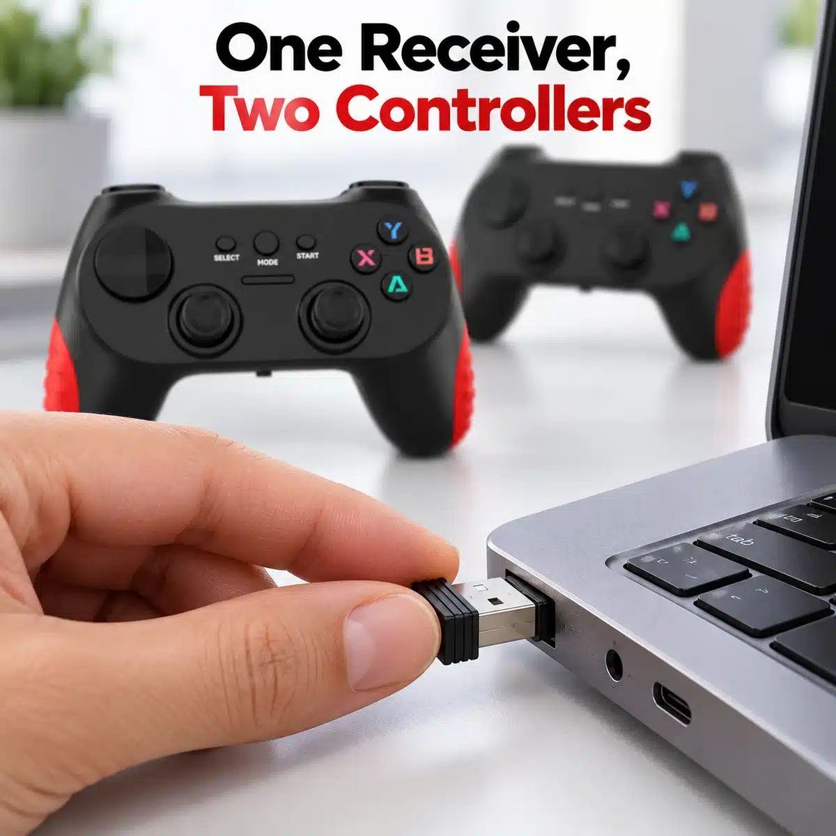 Cm-039D Dual Wireless Gaming Controllers – 2-Player 2.4Ghz Gamepad Set For Pc, Laptop &Amp; Tv Box 3 CM-039D wireless controller USB receiver plugging into a laptop, one receiver for two controllers