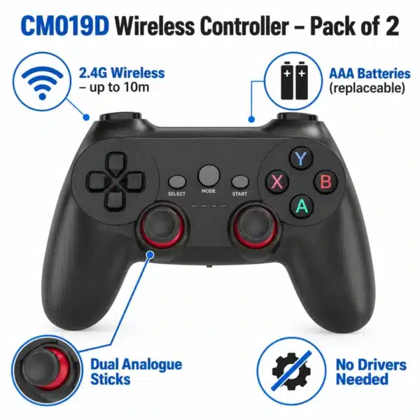 CM019D Features CM019D wireless game controller features: 2.4G up to 10m, AAA batteries, dual analogue sticks, no drivers