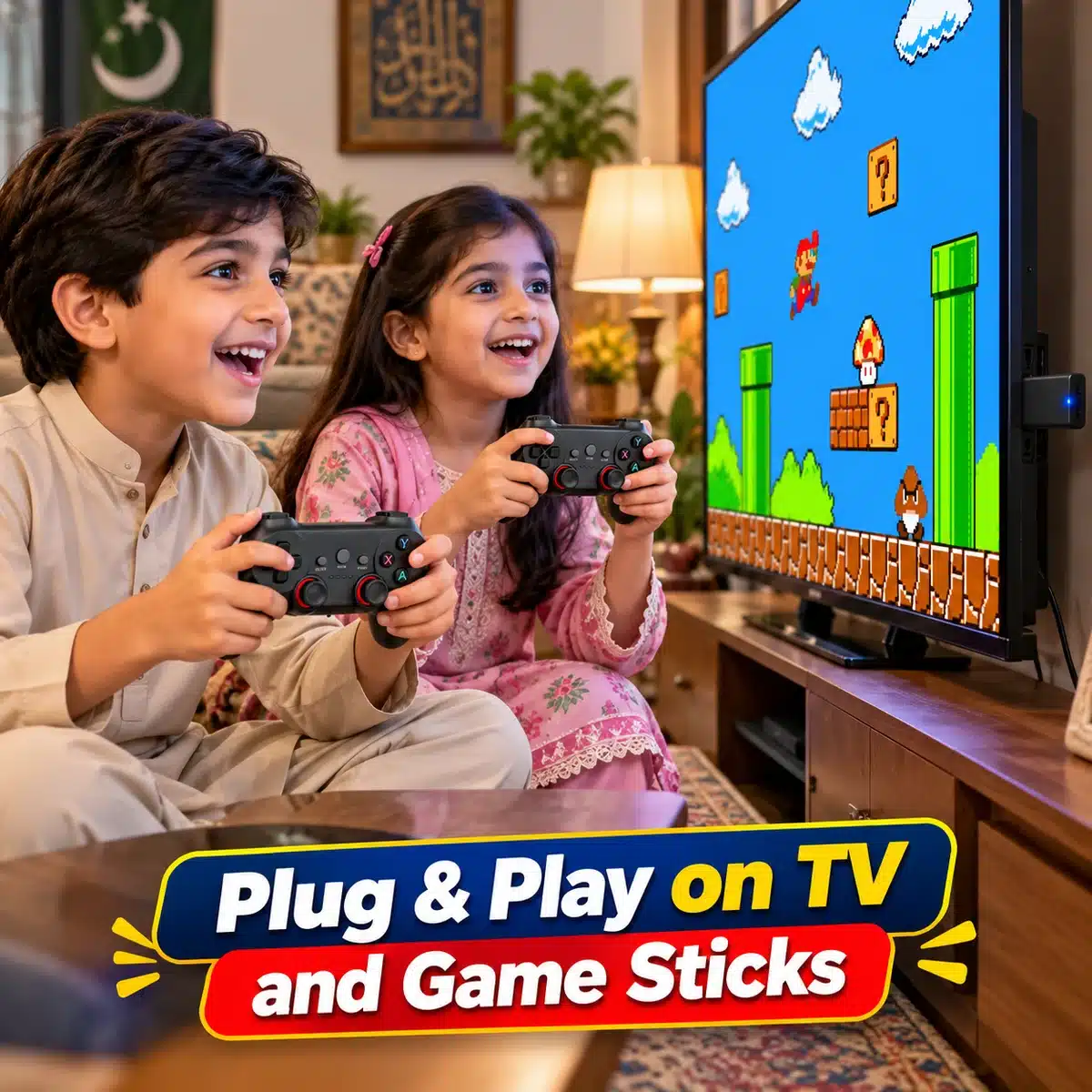 Cm019D Wireless Game Controller (Pack Of 2) – 2.4G Gamepads For Pc, Tv &Amp; Game Stick 1 CM019D wireless joystick for TV and game sticks: kids playing a retro game