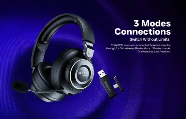 Faster Straygos Bg-600 Gaming Headset With Enc Mic And Rgb 19 Faster Straygos BG-600 gaming headset with its USB dongle, showing the 2.4GHz wireless, Bluetooth and wired connection modes
