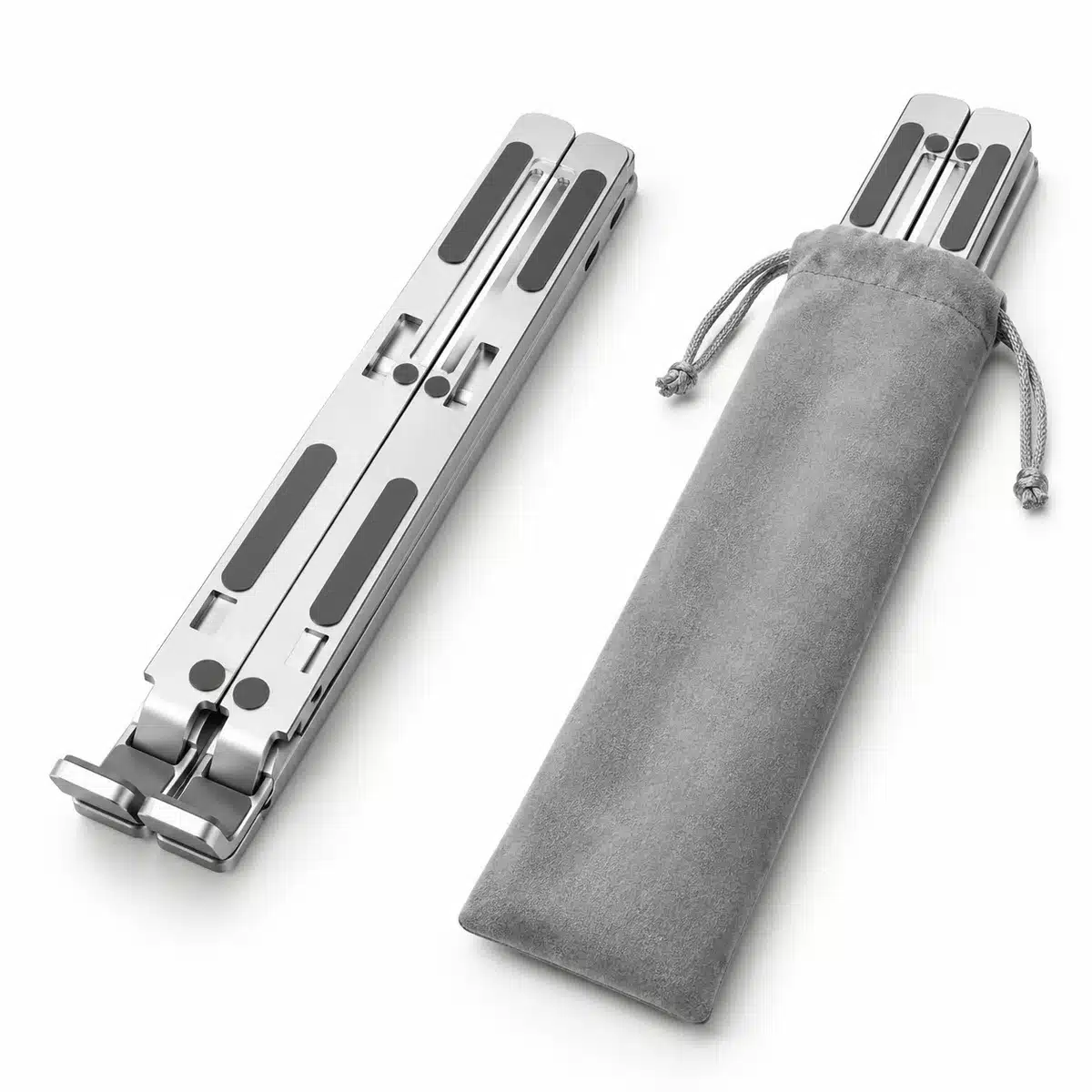 Foldable Adjustable Aluminium Laptop Stand (7 Levels) – Silver 5 Foldable laptop stand folded flat next to its grey carry pouch