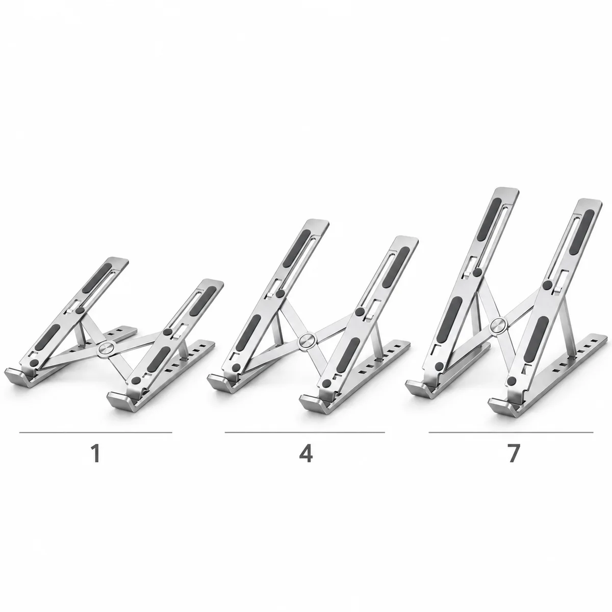 Foldable Adjustable Aluminium Laptop Stand (7 Levels) – Silver 3 Foldable laptop stand at height levels 1, 4 and 7