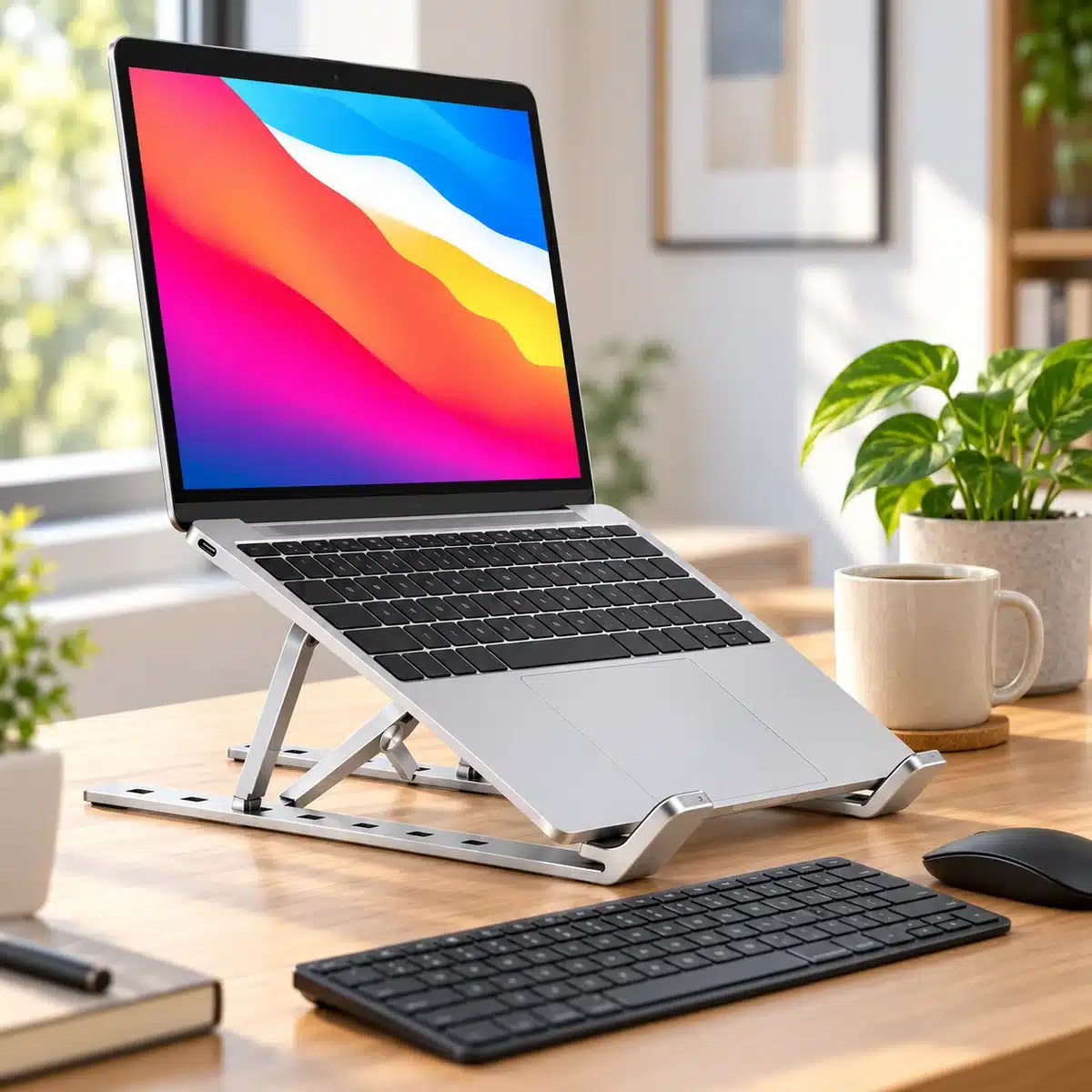 Foldable Adjustable Aluminium Laptop Stand (7 Levels) – Silver 4 Foldable aluminium laptop stand with laptop, keyboard and mouse on a home office desk