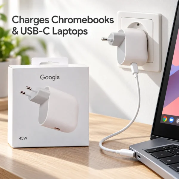Google 45W charger charging a Chromebook and USB-C laptop Google 45W charger charging a Chromebook and USB-C laptop
