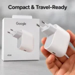 Compact Google 45W charger held in hand Compact Google 45W charger held in hand