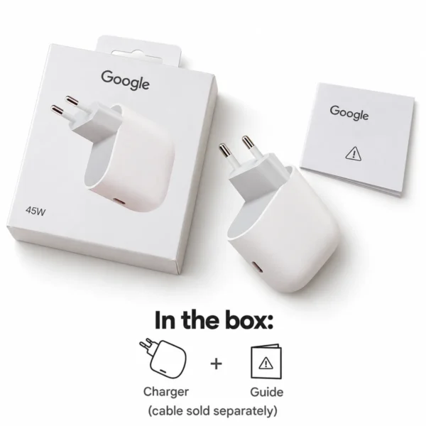 Google 45W charger box contents: charger and guide, cable sold separately Google 45W charger box contents: charger and guide, cable sold separately