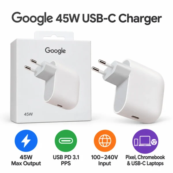 Google 45W USB-C charger features: 45W output, USB PD 3.1 PPS, 100-240V input Google 45W USB-C charger features: 45W output, USB PD 3.1 PPS, 100-240V input
